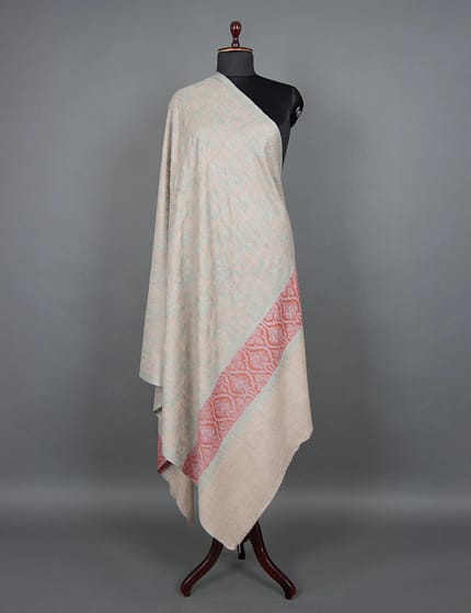 All Over Embriorided Beige Base Blue and Red Pashmina Shawl